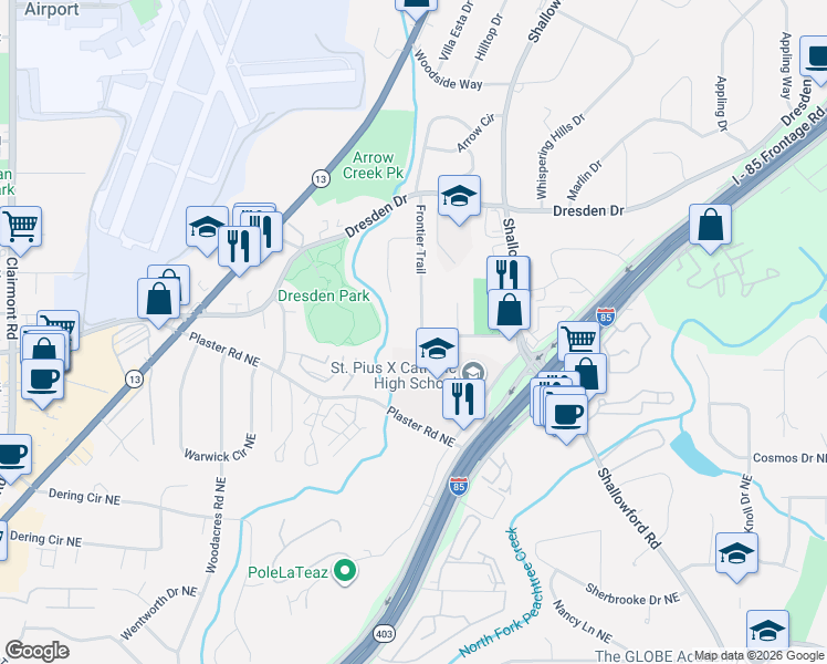 map of restaurants, bars, coffee shops, grocery stores, and more near 2702 Frontier Trail in Chamblee
