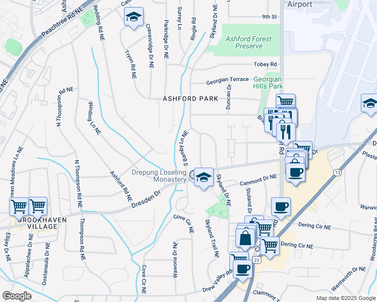 map of restaurants, bars, coffee shops, grocery stores, and more near 2701 South Bamby Lane Northeast in Atlanta