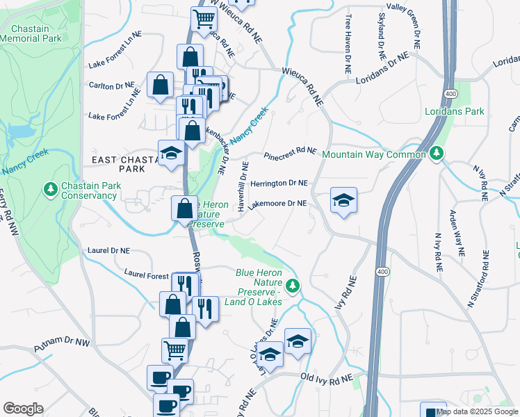 map of restaurants, bars, coffee shops, grocery stores, and more near 319 Lakemoore Drive Northeast in Atlanta