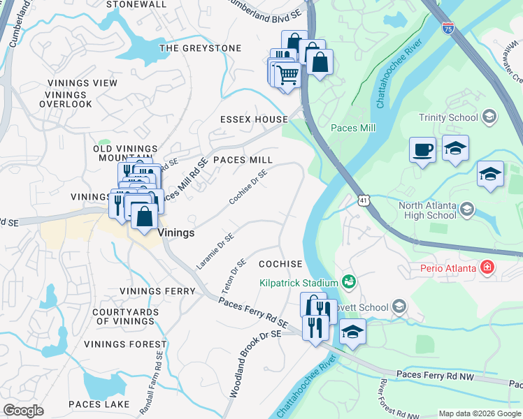 map of restaurants, bars, coffee shops, grocery stores, and more near 3275 Laramie Drive Southeast in Atlanta