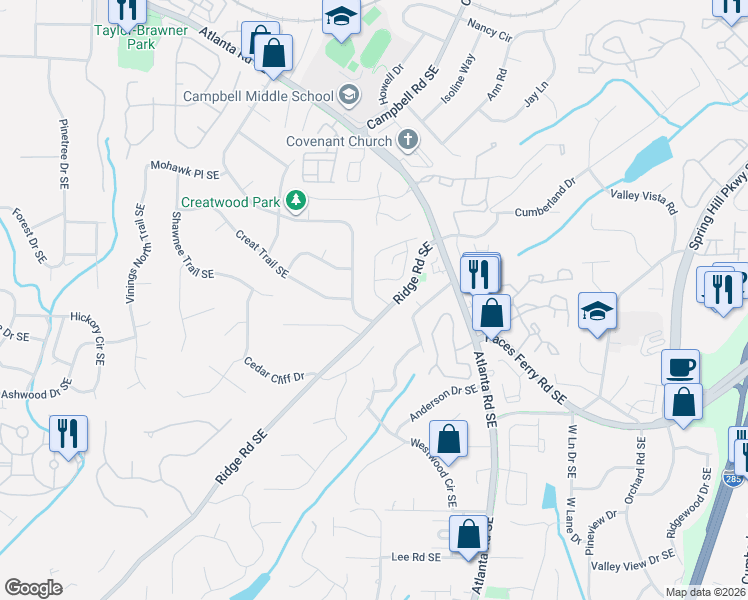 map of restaurants, bars, coffee shops, grocery stores, and more near 3600 Ridge Road Southeast in Smyrna