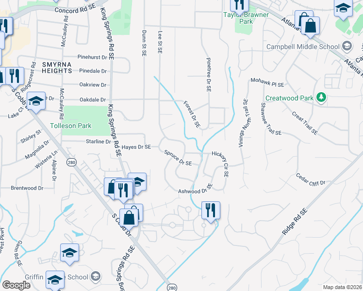 map of restaurants, bars, coffee shops, grocery stores, and more near 3600 Lee Street Southeast in Smyrna