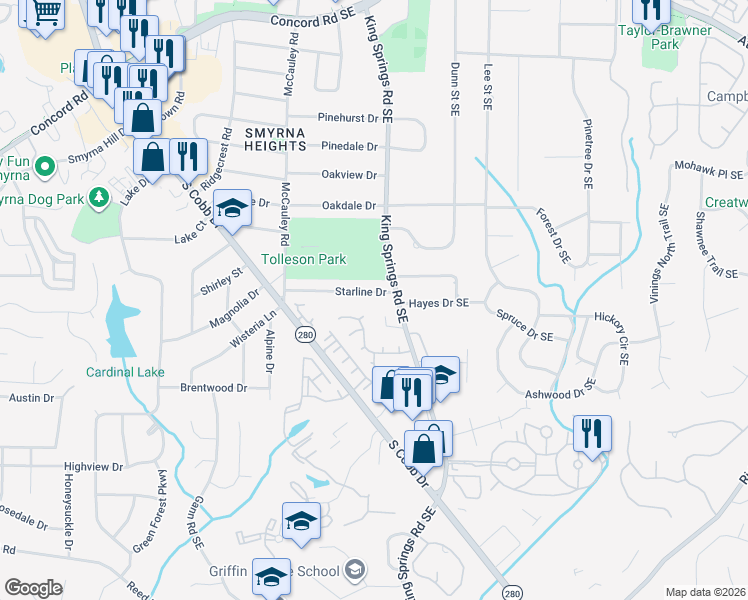 map of restaurants, bars, coffee shops, grocery stores, and more near 1235 King Springs Court Southeast in Smyrna