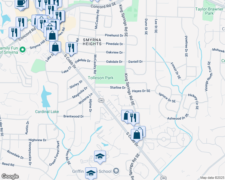 map of restaurants, bars, coffee shops, grocery stores, and more near 1140 Starline Drive in Smyrna