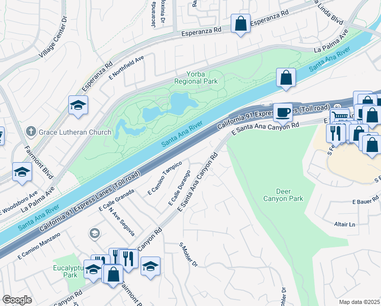 map of restaurants, bars, coffee shops, grocery stores, and more near 7715 East Camino Tampico in Anaheim