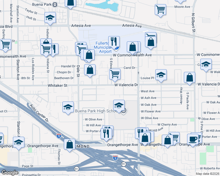 map of restaurants, bars, coffee shops, grocery stores, and more near 4105 Franklin Avenue in Fullerton
