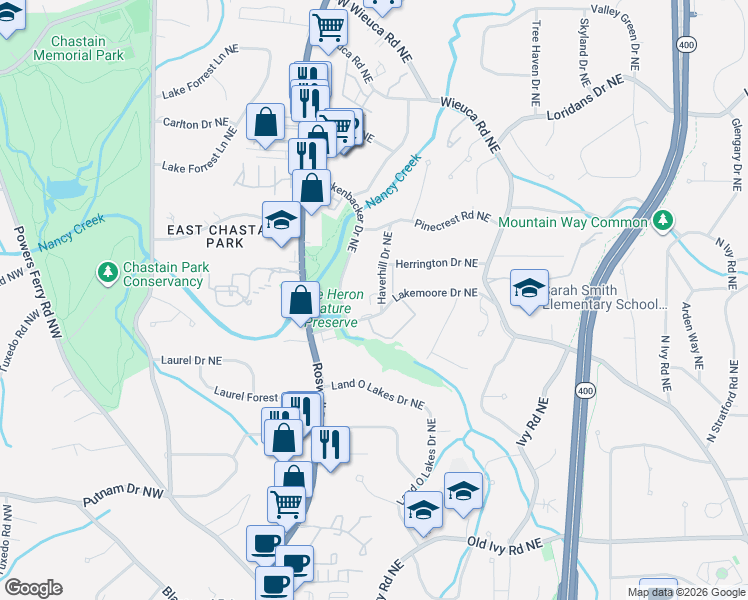 map of restaurants, bars, coffee shops, grocery stores, and more near 290 Lakemoore Drive Northeast in Atlanta