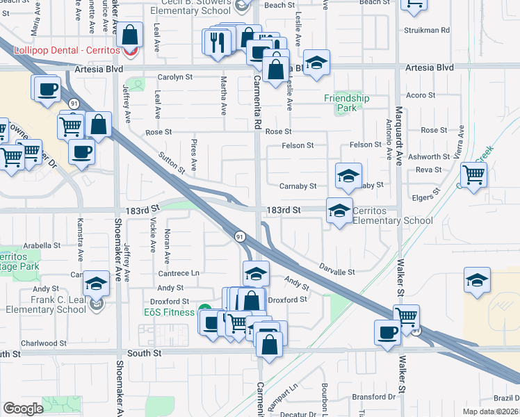 map of restaurants, bars, coffee shops, grocery stores, and more near Carmenita Rd & 183rd St in Cerritos