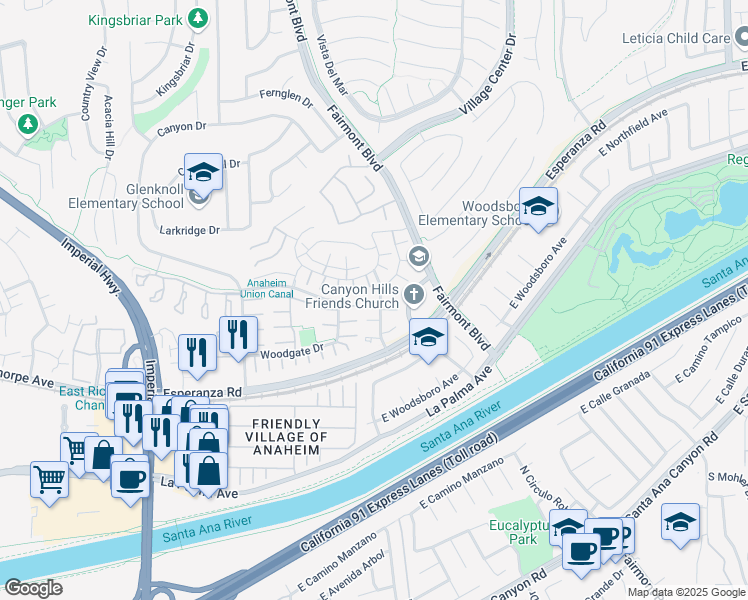 map of restaurants, bars, coffee shops, grocery stores, and more near 20279 Cottage Hill Lane in Yorba Linda