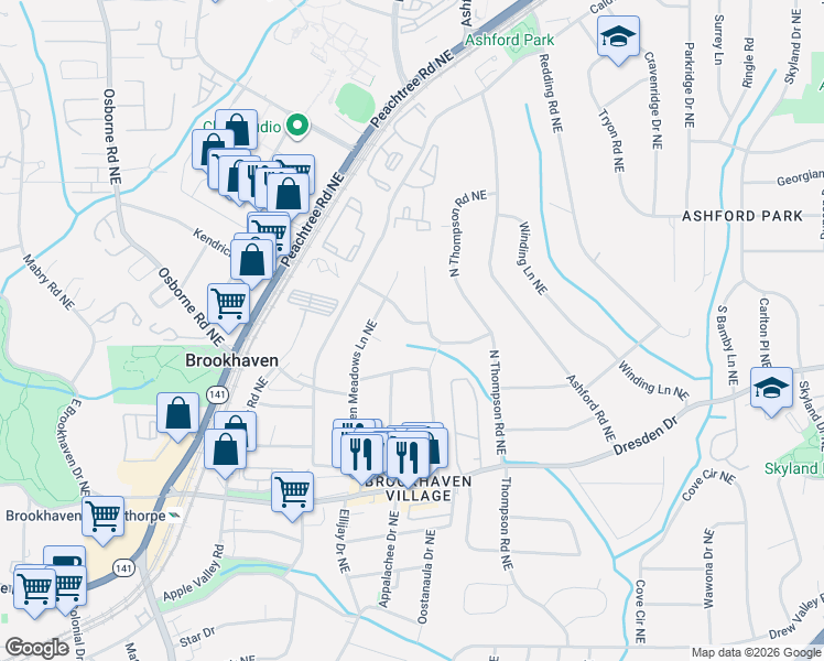map of restaurants, bars, coffee shops, grocery stores, and more near 1451 Cheshire Way Northeast in Atlanta
