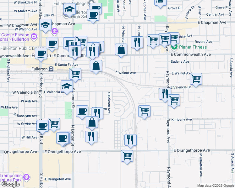map of restaurants, bars, coffee shops, grocery stores, and more near 22 Magnolia Via in Anaheim