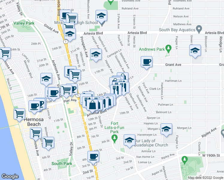 map of restaurants, bars, coffee shops, grocery stores, and more near 1111 14th Street in Hermosa Beach