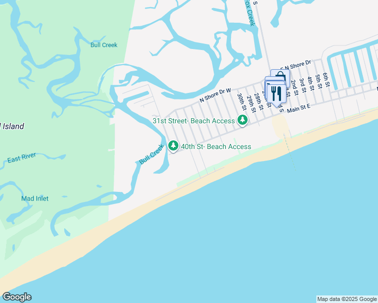 map of restaurants, bars, coffee shops, grocery stores, and more near 1201 West Main Street in Sunset Beach