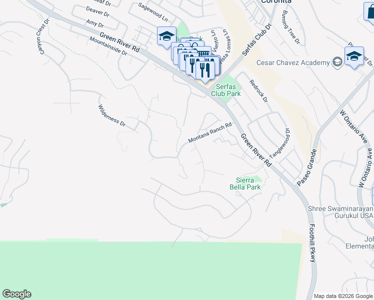 map of restaurants, bars, coffee shops, grocery stores, and more near 2659 Camino Del Ninos in Corona