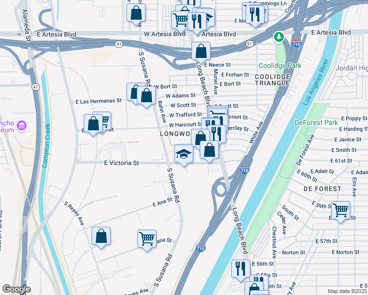 map of restaurants, bars, coffee shops, grocery stores, and more near 153 West Victoria Street in Long Beach