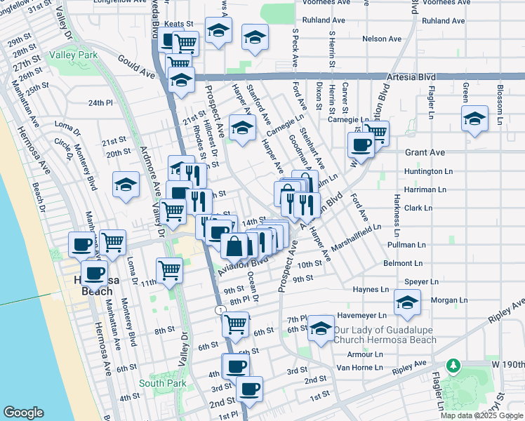 map of restaurants, bars, coffee shops, grocery stores, and more near 1325 Corona Street in Hermosa Beach