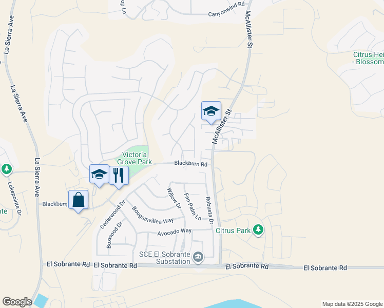 map of restaurants, bars, coffee shops, grocery stores, and more near 12701 Palm View Way in Riverside