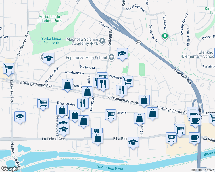 map of restaurants, bars, coffee shops, grocery stores, and more near 1724 Kellogg Drive in Anaheim