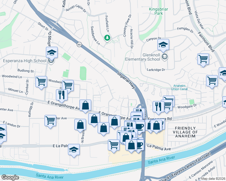 map of restaurants, bars, coffee shops, grocery stores, and more near 1743 North Willow Woods Drive in Anaheim