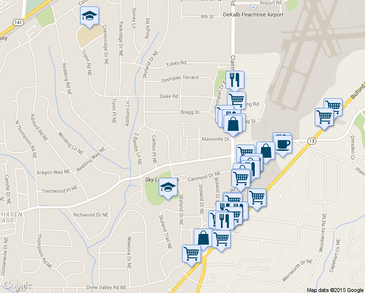 map of restaurants, bars, coffee shops, grocery stores, and more near 2651 Dresden Place in Brookhaven