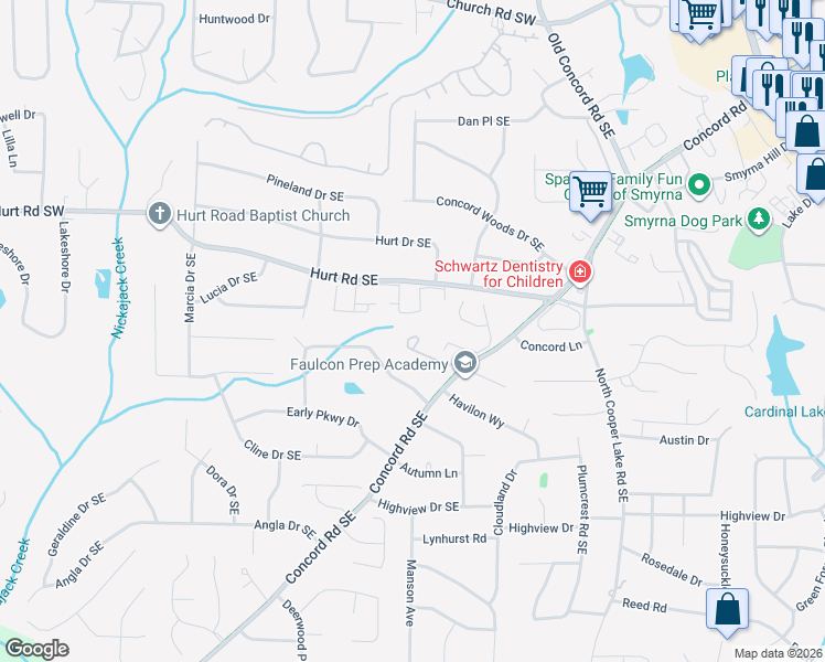 map of restaurants, bars, coffee shops, grocery stores, and more near 1624 Concord Meadows Drive Southeast in Smyrna