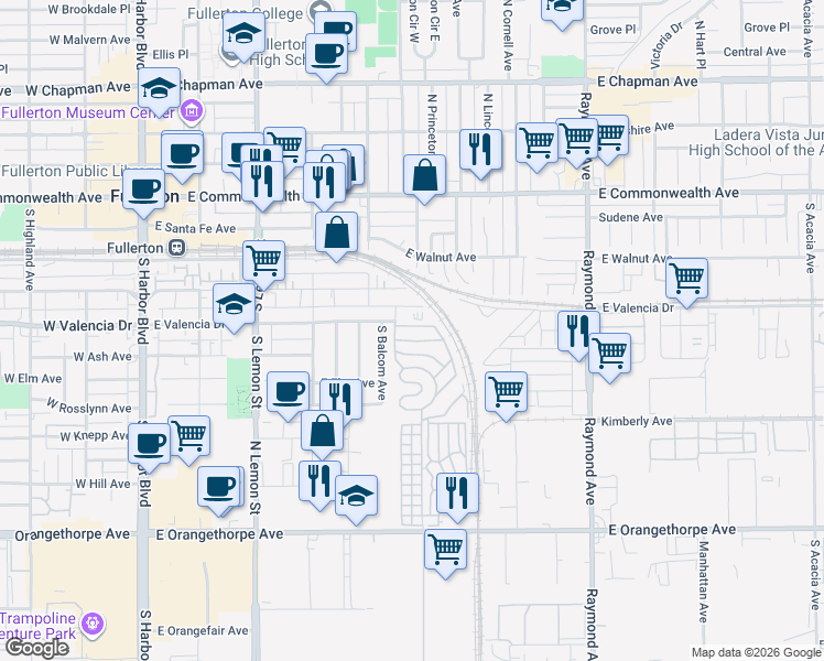 map of restaurants, bars, coffee shops, grocery stores, and more near 22 Magnolia Via in Anaheim