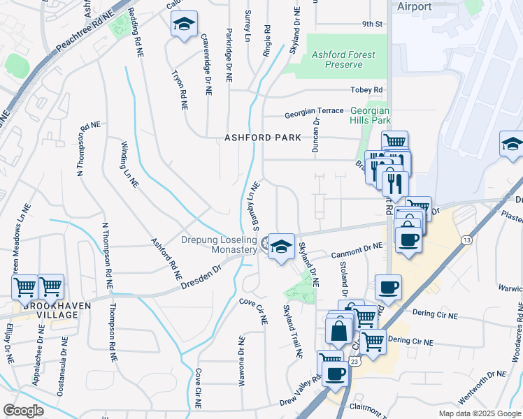 map of restaurants, bars, coffee shops, grocery stores, and more near 2701 South Bamby Lane Northeast in Atlanta