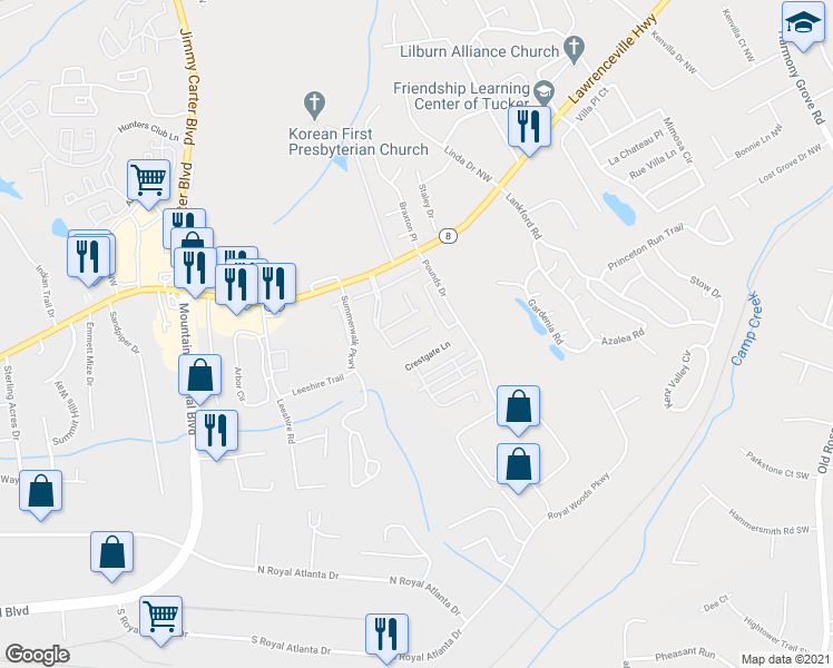 map of restaurants, bars, coffee shops, grocery stores, and more near 6286 Spring Knoll Court in Tucker
