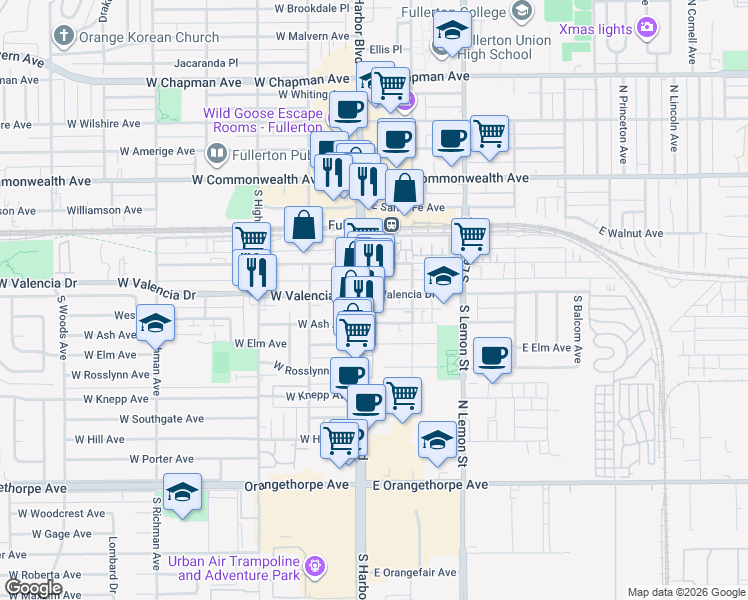 map of restaurants, bars, coffee shops, grocery stores, and more near 518 South Harbor Boulevard in Fullerton