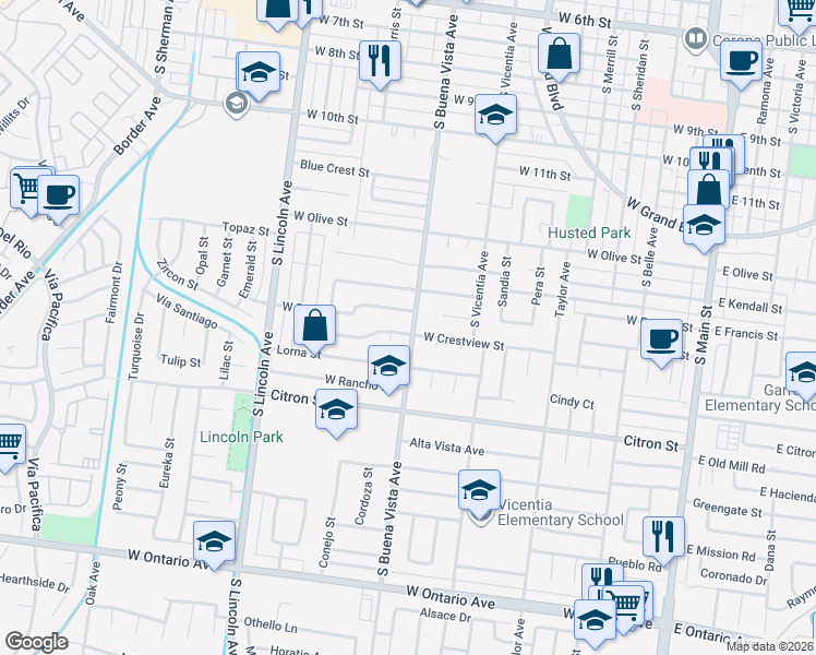 map of restaurants, bars, coffee shops, grocery stores, and more near 1649 South Buena Vista Avenue in Corona