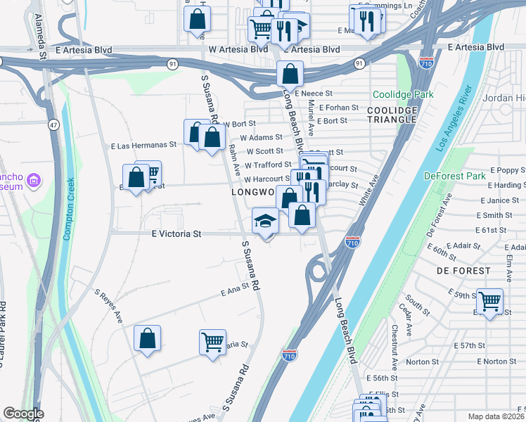map of restaurants, bars, coffee shops, grocery stores, and more near 140 West Barclay Street in Long Beach