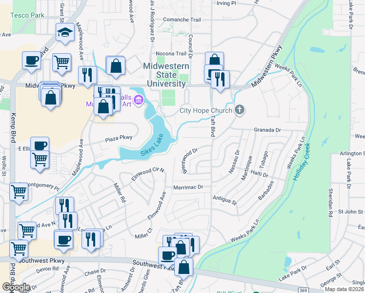 map of restaurants, bars, coffee shops, grocery stores, and more near 2412 Brentwood Drive in Wichita Falls