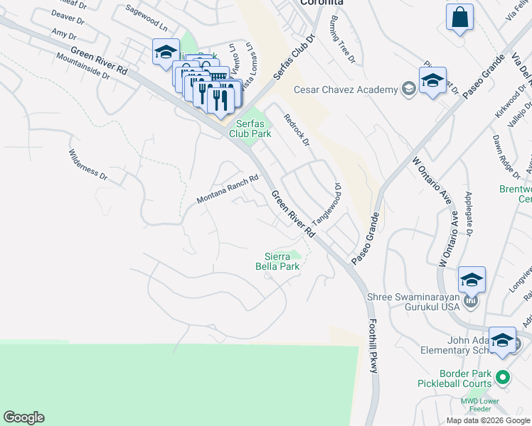 map of restaurants, bars, coffee shops, grocery stores, and more near 2350 Del Mar Way in Corona