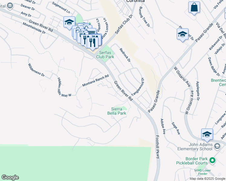 map of restaurants, bars, coffee shops, grocery stores, and more near 2350 Del Mar Way in Corona