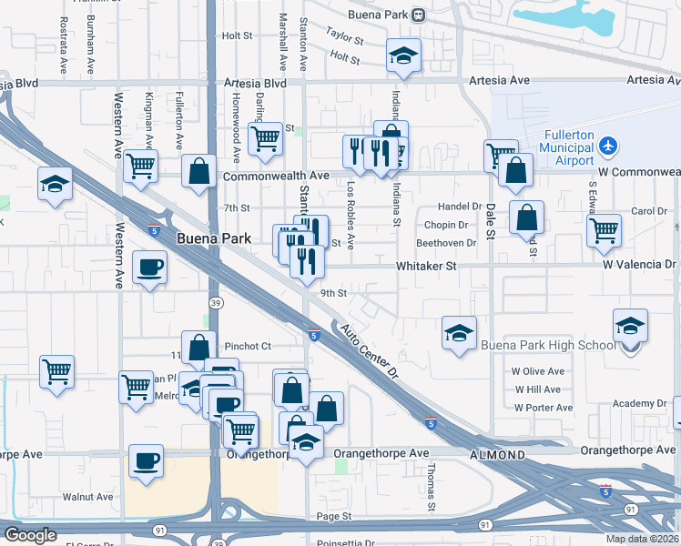map of restaurants, bars, coffee shops, grocery stores, and more near 8080 Whitaker Street in Buena Park