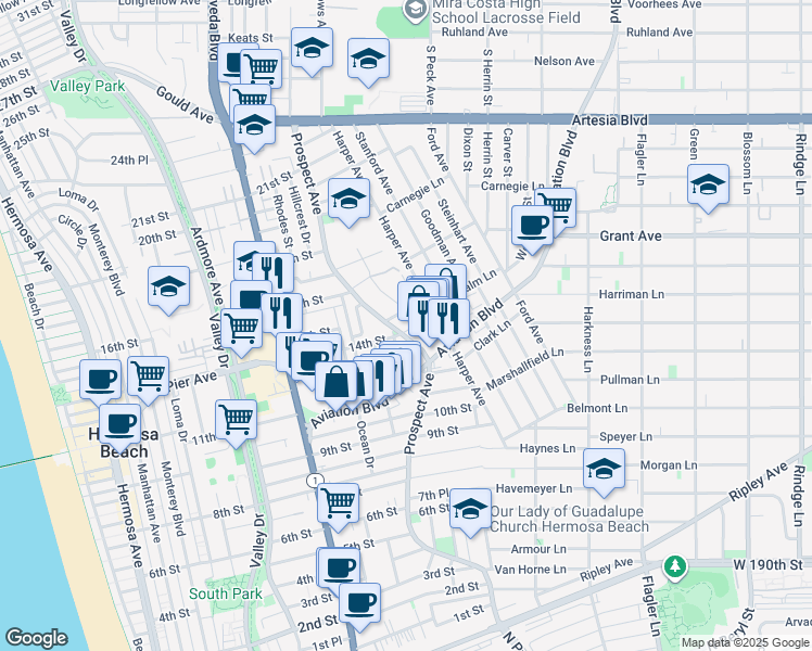 map of restaurants, bars, coffee shops, grocery stores, and more near 1111 14th Street in Hermosa Beach