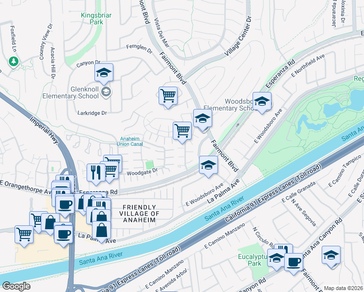 map of restaurants, bars, coffee shops, grocery stores, and more near 20279 Cottage Hill Lane in Yorba Linda