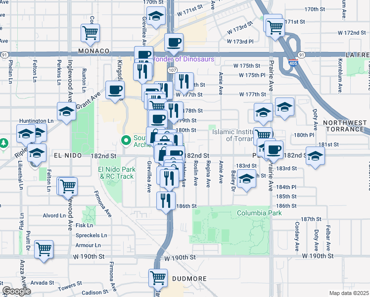 map of restaurants, bars, coffee shops, grocery stores, and more near 4354 West 182nd Street in Torrance