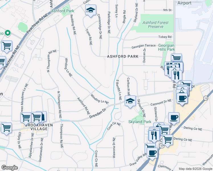 map of restaurants, bars, coffee shops, grocery stores, and more near 2654 Redding Road Northeast in Atlanta
