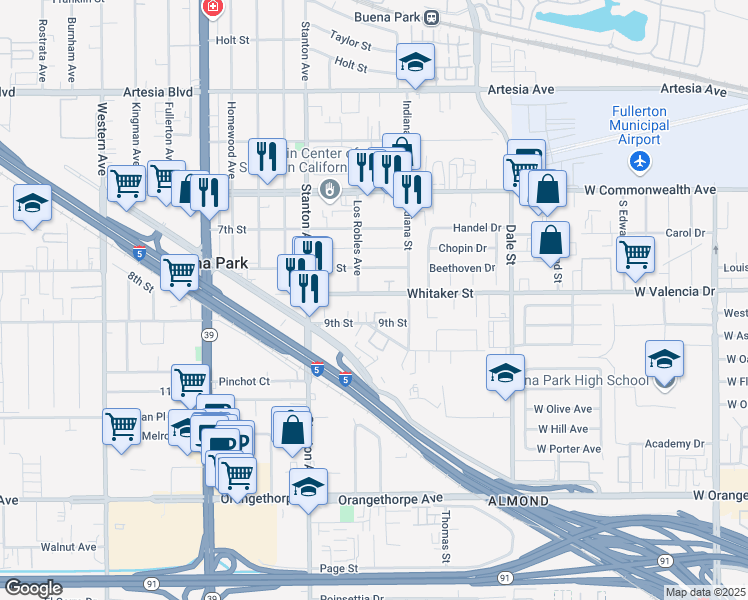 map of restaurants, bars, coffee shops, grocery stores, and more near 8152 Whitaker Street in Buena Park