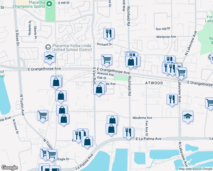 map of restaurants, bars, coffee shops, grocery stores, and more near in Placentia