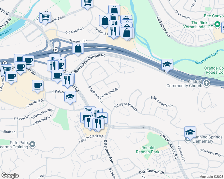 map of restaurants, bars, coffee shops, grocery stores, and more near 8455 East Foothill Street in Anaheim