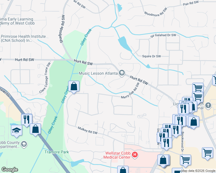 map of restaurants, bars, coffee shops, grocery stores, and more near 3553 Main Station Drive Southwest in Marietta