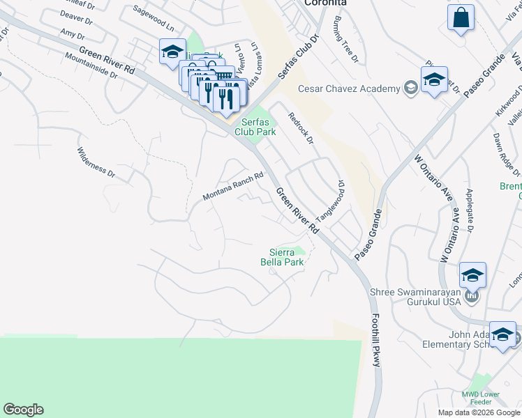 map of restaurants, bars, coffee shops, grocery stores, and more near 2350 Del Mar Way in Corona