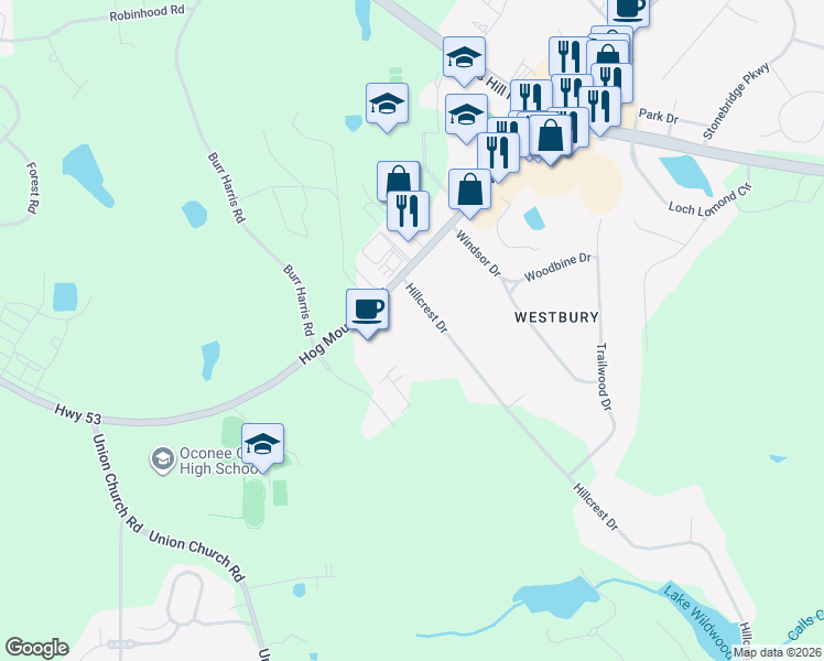 map of restaurants, bars, coffee shops, grocery stores, and more near 1070 Hillcrest Drive in Watkinsville