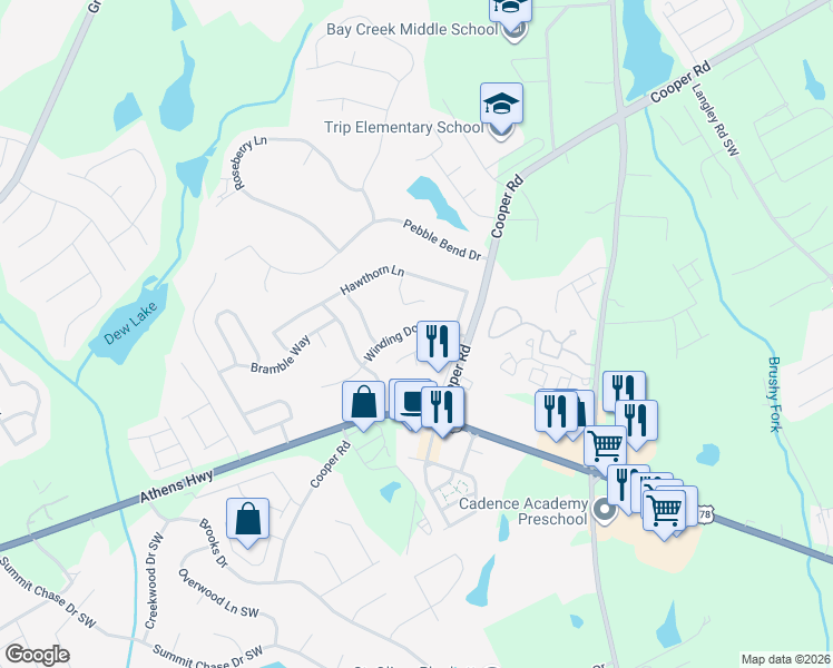 map of restaurants, bars, coffee shops, grocery stores, and more near 902 Thorny Lane in Grayson