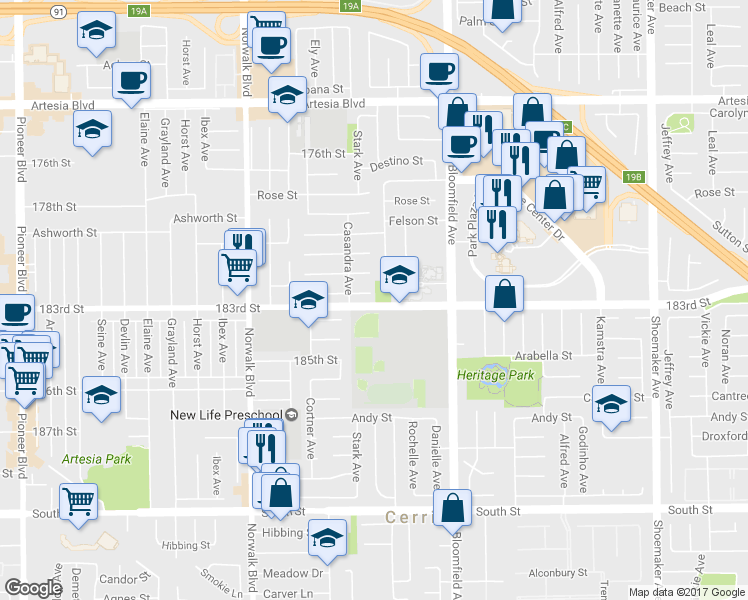 map of restaurants, bars, coffee shops, grocery stores, and more near in Cerritos