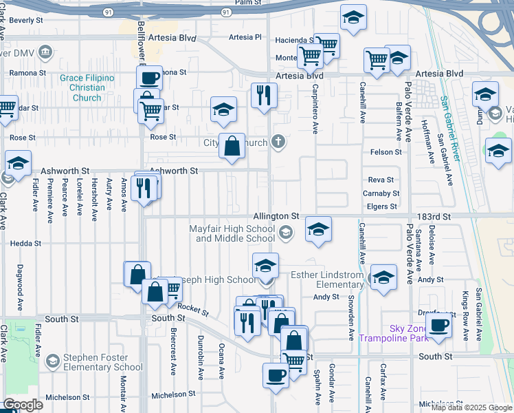 map of restaurants, bars, coffee shops, grocery stores, and more near 6111 Christine Lane in Lakewood