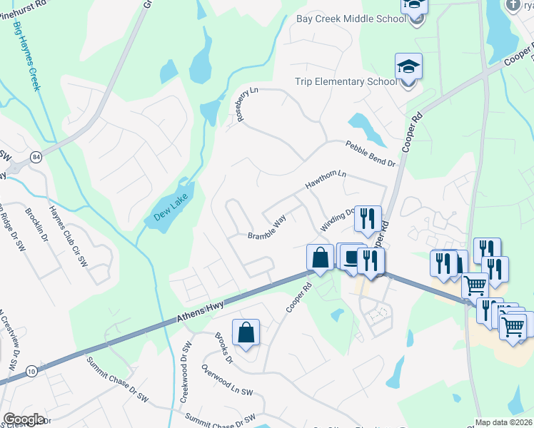 map of restaurants, bars, coffee shops, grocery stores, and more near 633 Hawthorn Lane in Grayson