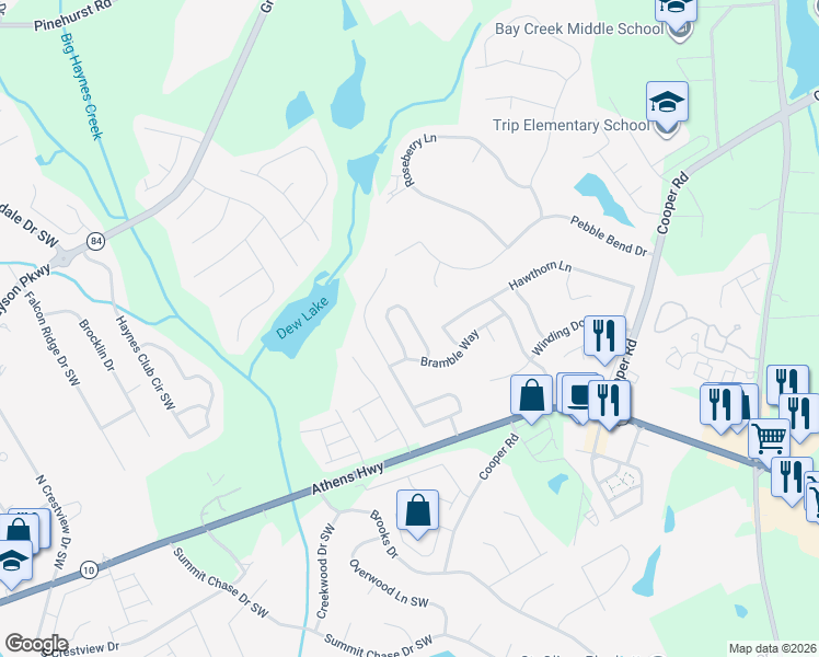 map of restaurants, bars, coffee shops, grocery stores, and more near 2552 Meadow Trace Drive in Grayson